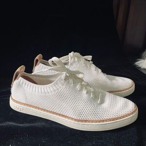 UGG White Knit Sneakers with tan leather trim